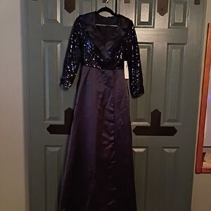 Elegant Navy Sequin Gown With Ribbon For Optional Waist Bow